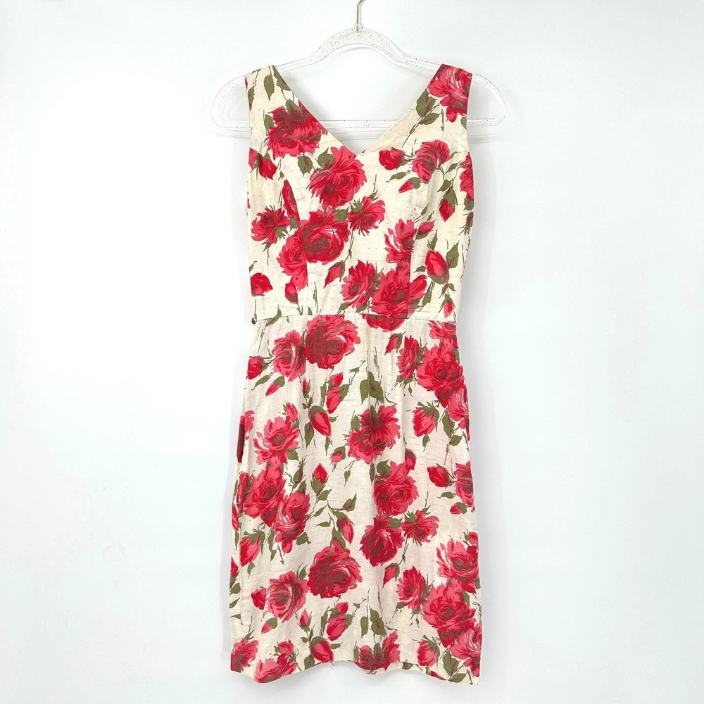 Vintage 50s 60s Floral Barkcloth Wiggle Sheath Dress S Pink Roses Mod Pin Up
